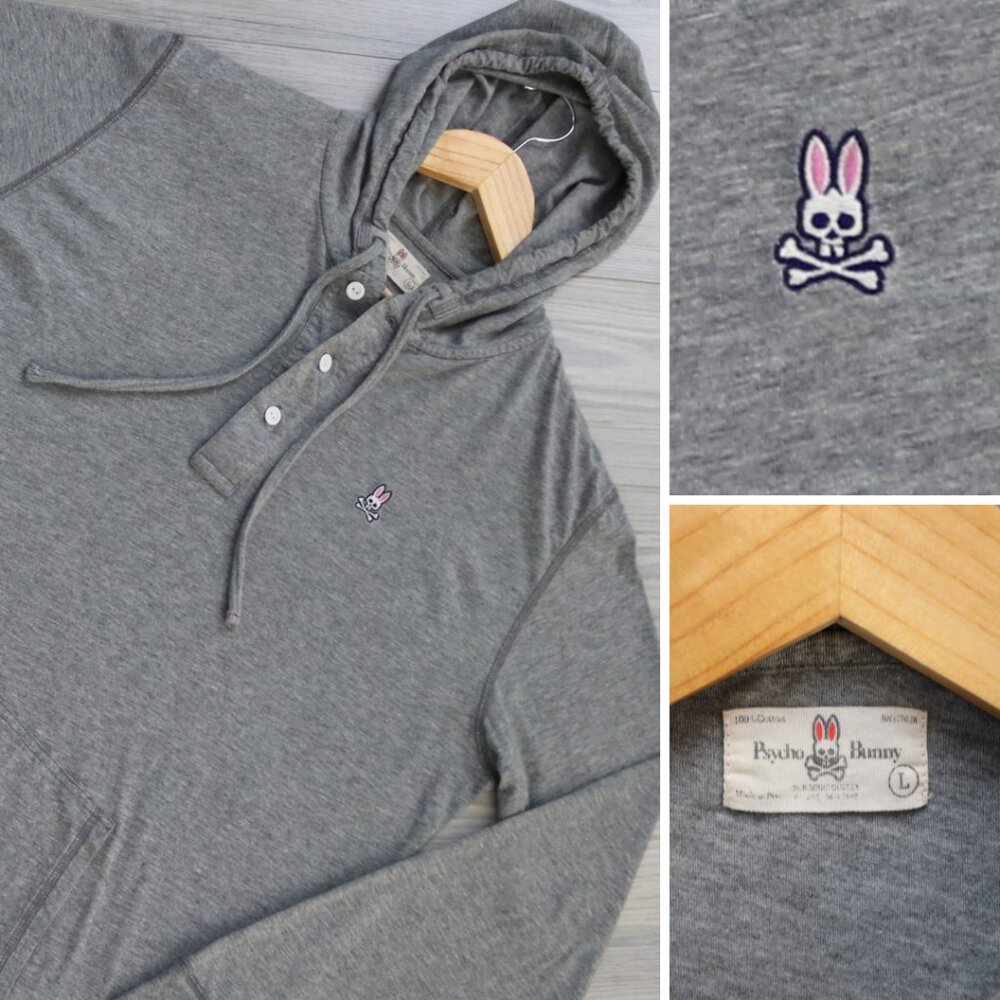 Psycho Bunny Hoodie Mens Gray Lightweight Pima Cotton Spring Layer Henley Size L